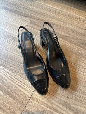 H&M Black Patent Toe Slingback Block Heels